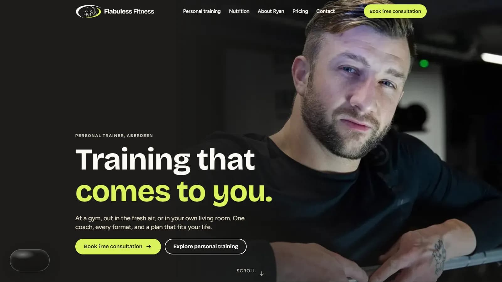 The Flabuless Fitness home page: a close portrait of Ryan with the headline Training that comes to you