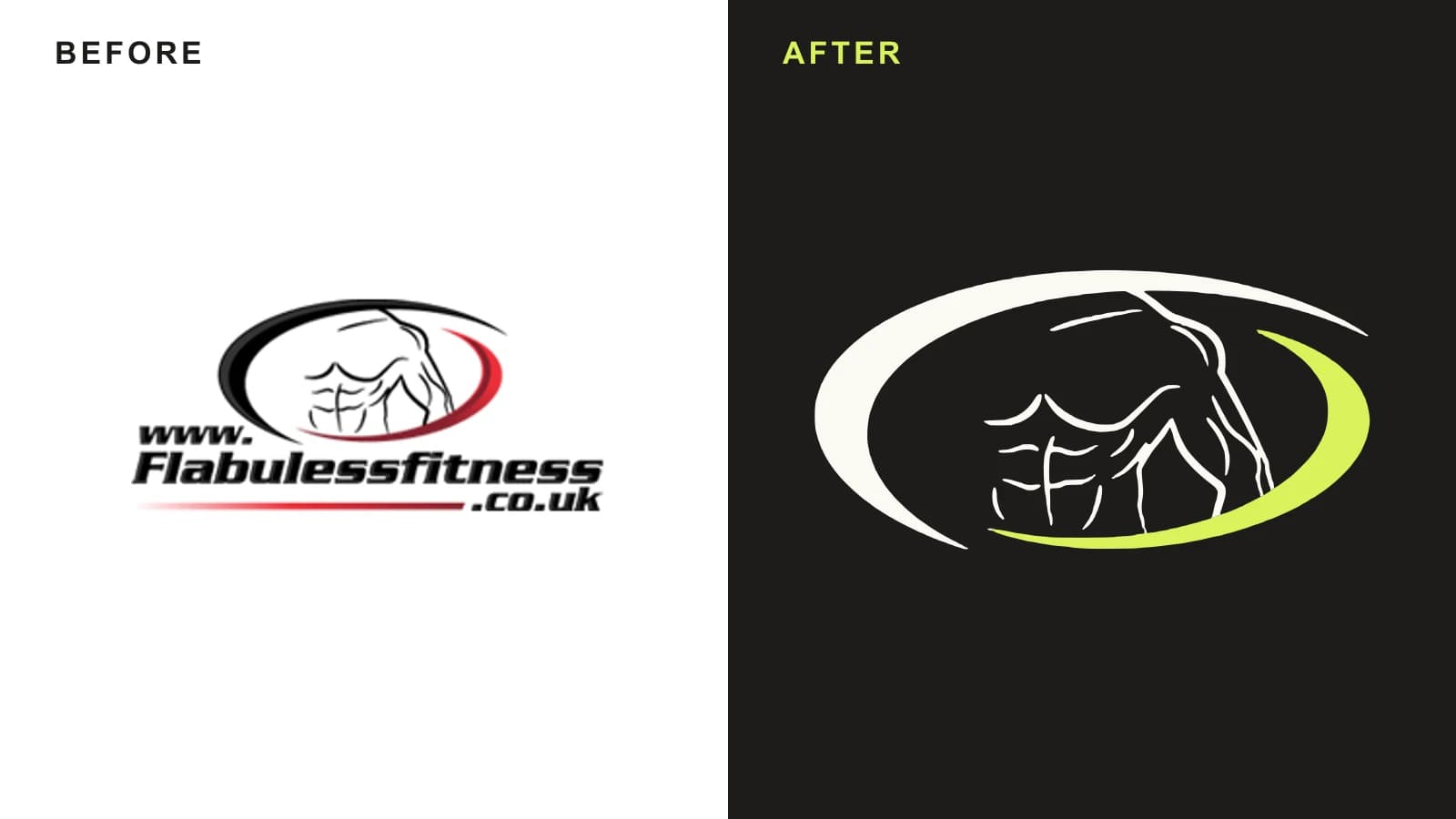 Ryan's logo before, in black and red with the web address, and after, in white and lime on charcoal
