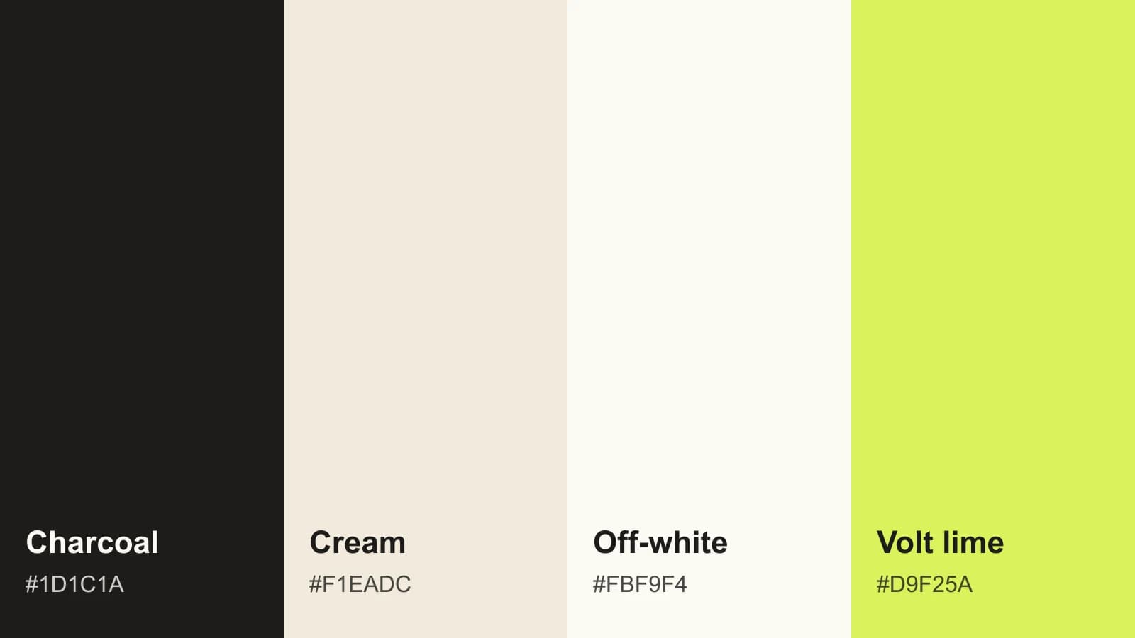 The Flabuless colour palette: charcoal, cream, off-white and volt lime