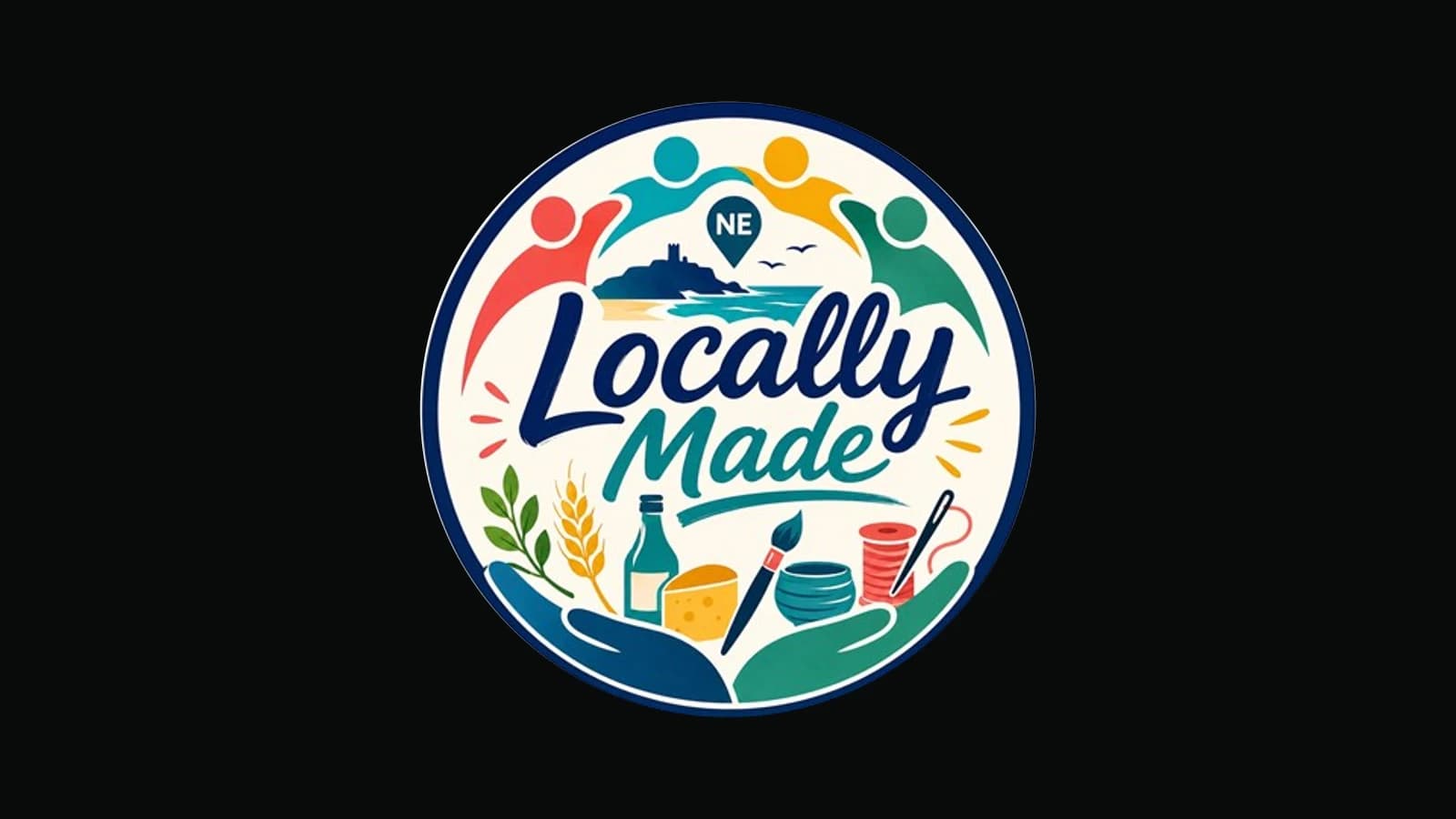 The Locally Made logo: a round badge with people, a coastline, and local food and craft, with the words Locally Made
