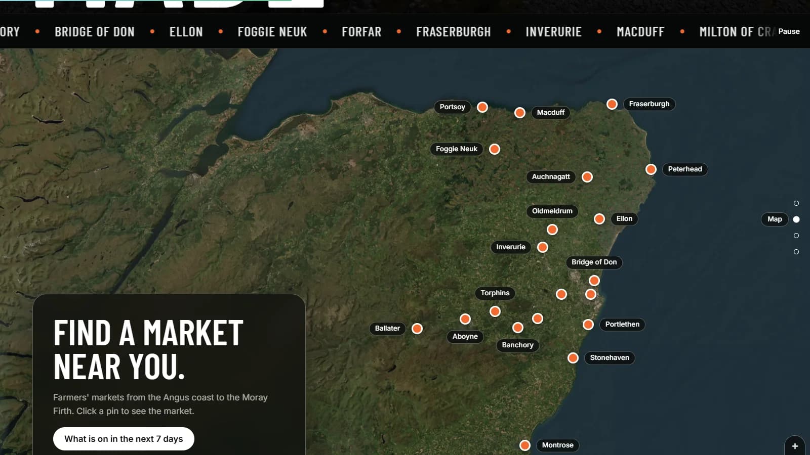 The Locally Made map of North East Scotland with an orange pin and label for each market town