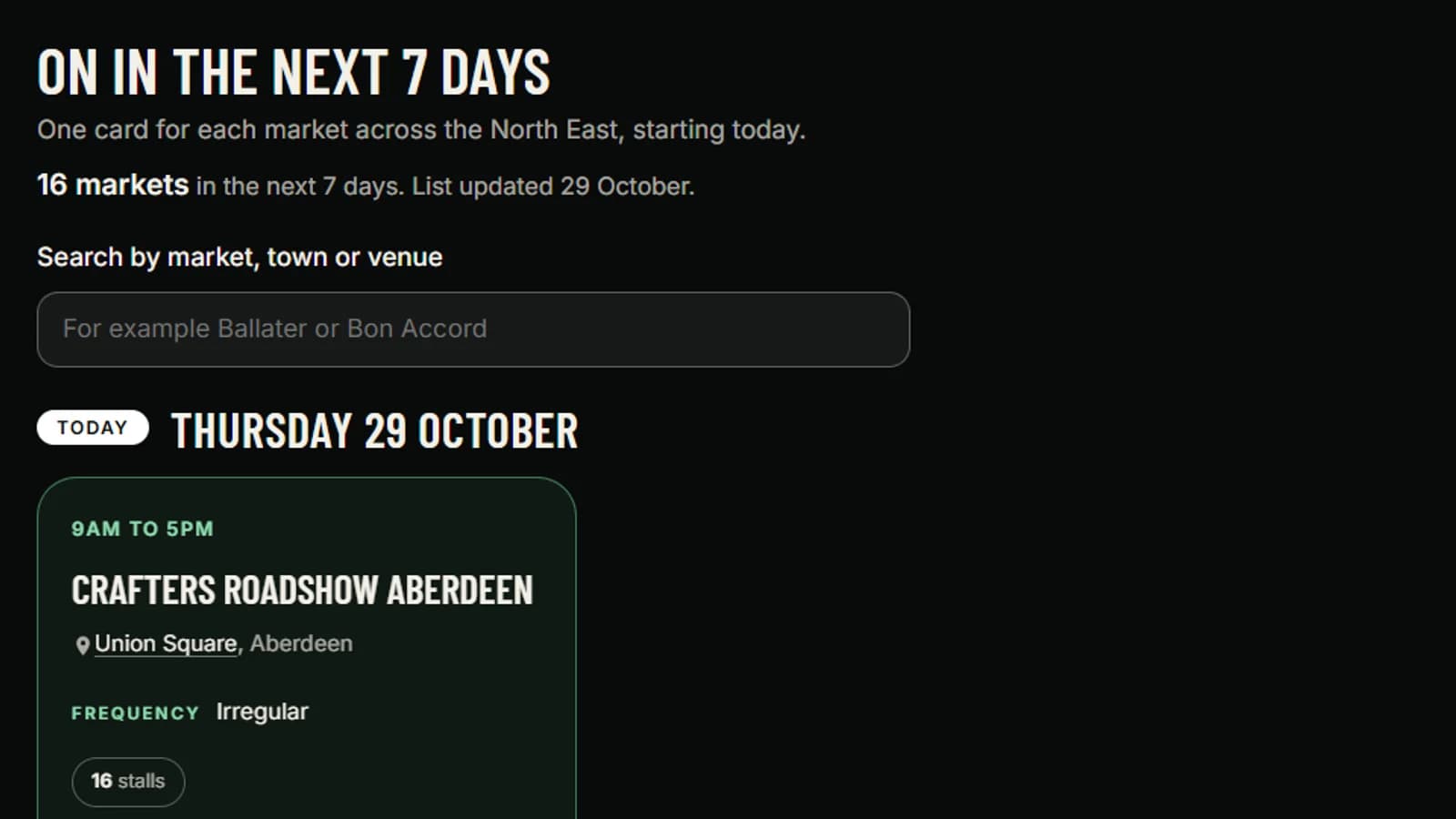 The What's On page listing markets in the next seven days, with a search box and a card for today's market