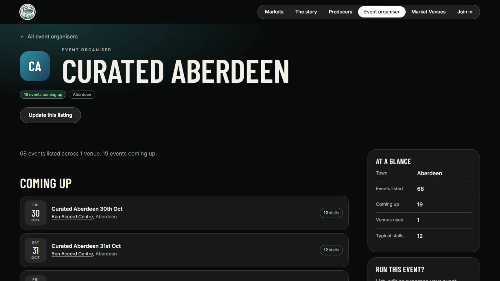 An event organiser's profile page with a list of upcoming events and an at a glance panel